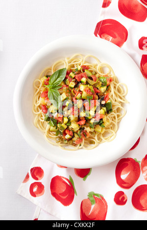 Spaghetti with Peppers and Zucchini Stock Photo