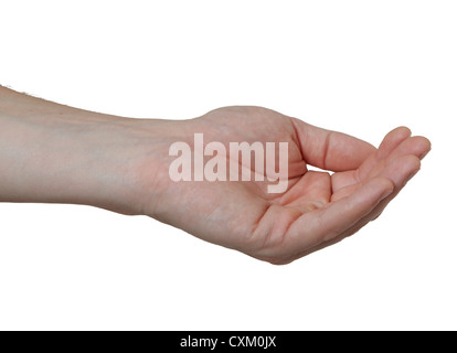 Holding something in palm.  Male hand gesture on plain white.  Cut Out Stock Photo