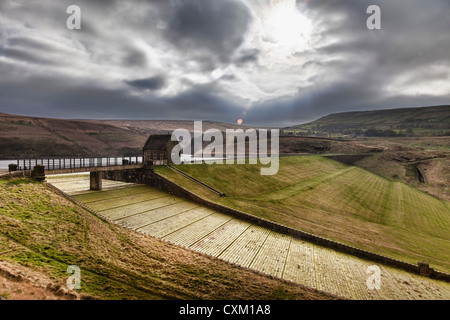 Overflow spillway at Butterley Reservoir, Marsden UK. A Grade II list structure replaced in concrete by the water company in 2016/17 Stock Photo