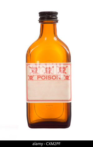 An antique brown prescription bottle with poison caution and copy space on a white background Stock Photo