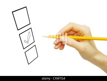 Hand with pencil and check boxes isolated on white Stock Photo