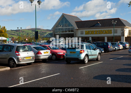 Morrisons supermarket at Castle court shopping center centre in Caerphilly town centre center with Bedwas mountain in background Stock Photo