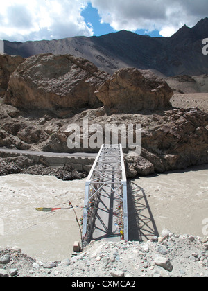 narrow bridge over indus river at alchi, jammu and kashmir, india Stock Photo