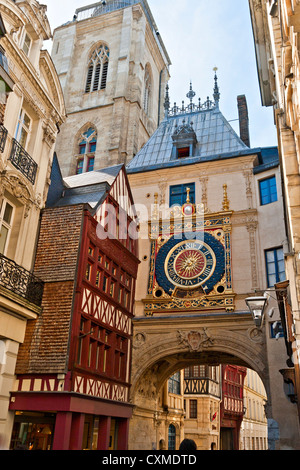 Half-Timbered Houses and Great Clock at Rouen, Normandy, France Stock Photo