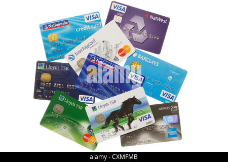 Various bankcards from Nationwide, Lloyds TSB and Nat West banks isolated on a white background. England UK Britain Stock Photo