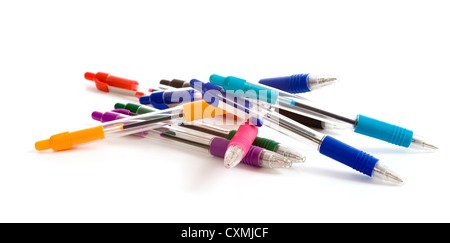 a background of brightly colored pens lying on a white surface on a white background Stock Photo