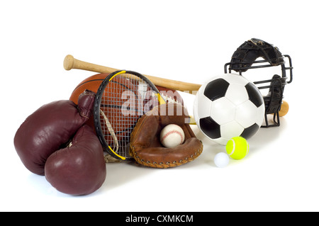 Assorted sports equipment including boxing gloves, tennis racket, catcher's mask, baseball bat and various balls Stock Photo