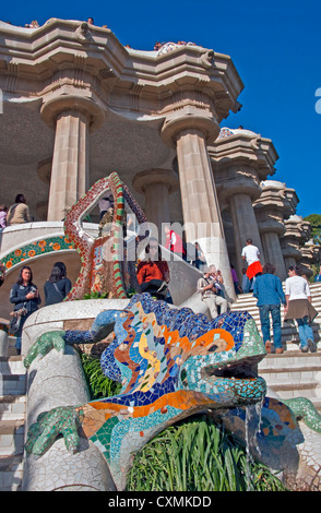 Antoni Gaudi's mosaic dragon fountain at entrance of Parc Guell in Barcelona Stock Photo