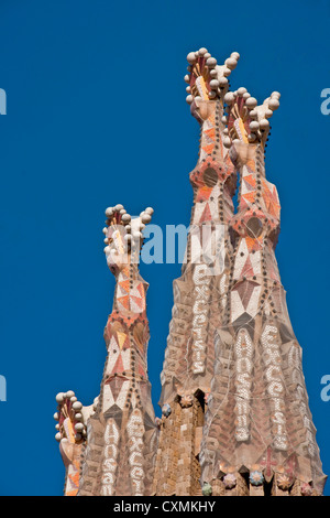 Towers of Antoni Gaudi's Facade of the Nativity on Templo Expiatorio de la Sagrada Familia Stock Photo