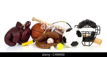Assorted sports equipment including soccer ball, catcher's mask, boxing gloves, tennis racker, baseball bat and various balls Stock Photo