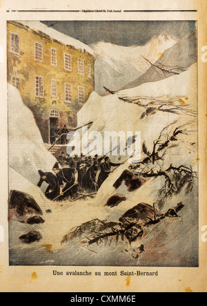 Back cover of 'Le Petit Journal' supplement in March 1897 - 'An avalanche on Mont Saint-Bernard Stock Photo