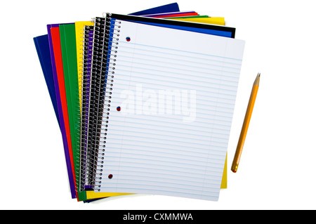 New school supplies on bright white background, notebook open to blank page, add your own text Stock Photo