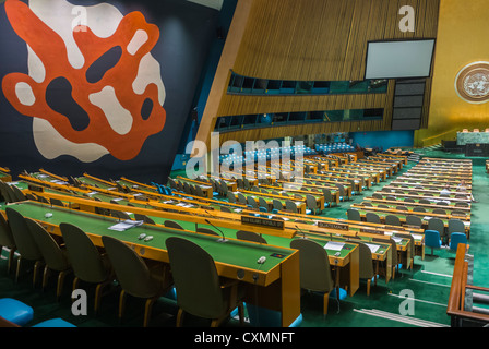 New York City, empty, NY, USA, inside General Assembly Meeting Room, U.N. United Nations Building, Manhattan, UN headquarters US, Wide Angle View Stock Photo