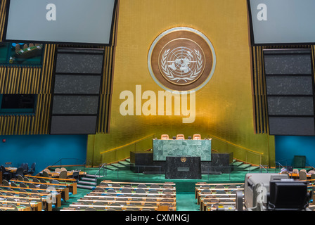 New York, NY, USA, inside General Assembly Meeting Room, U.N. United Nations Building, Manhattan, UN headquarters US, Emblem, international Politics, empty new york city Stock Photo