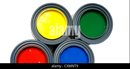 Four primary colored cans of paint on white background Stock Photo