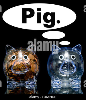 Two clear piggy banks one full of pennies and one empty with quote bubbles with the word 'Pig' in it Stock Photo