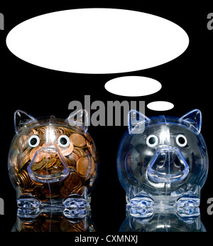 Two clear piggy banks one full of pennies and one empty with quote bubbles Stock Photo