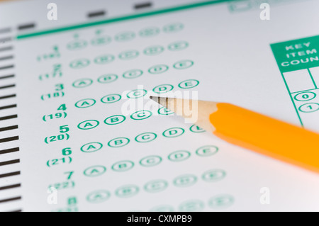 Yellow Pencils lying on a computerized exam answer sheet Stock Photo