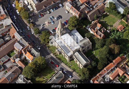 aerial view of St Denys Sleaford Parish Church with solar panels on the roof Stock Photo