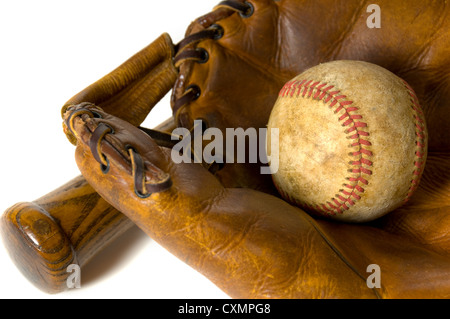 Vintage baseball equipment on white background including a ball, a glove and a baseball bat Stock Photo