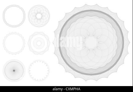 Set of Guilloche patterns like those used for security on banknotes and certificates. Intelligently arranged in layers Stock Photo