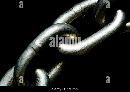 Links of a shiny silver chain on black background- importance of connection Stock Photo