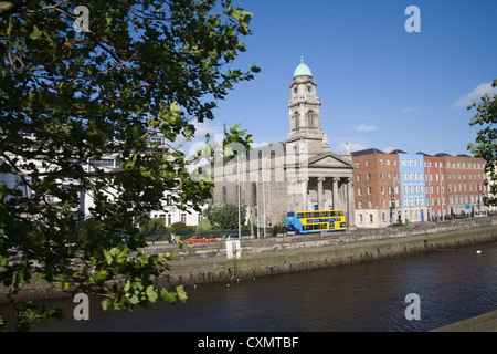 Dublin Eire View across River Liffey St Paul's Church built 1837 in Arran Quay on a stunning September autumn day  weather with blue sky Stock Photo