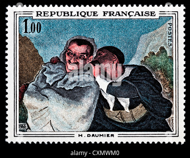 Unused 1966 French postage stamp depicting 'Crispin et Scapin' by Honoré Daumier. Stock Photo