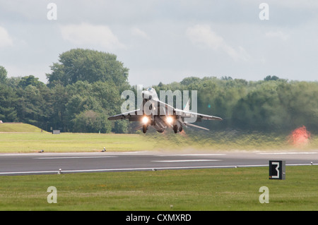 Mikoyan Gurevich MiG-29A Fulcrum from the 1st Tactical  Fighter Squadron Polish Air Force takes off to display at the 2012 RIAT Stock Photo