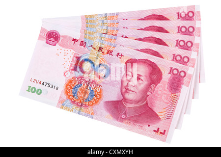 Chinese 100 RMB or Yuan featuring Chairman Mao on the front of each bill Stock Photo