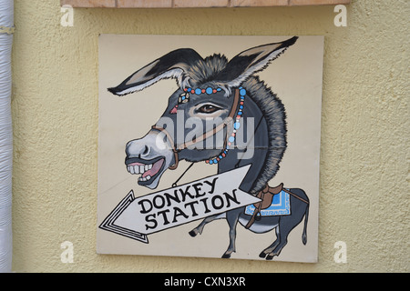 Donkey Station sign in Firá, Santorini, Cyclades, South Aegean Region, Greece Stock Photo