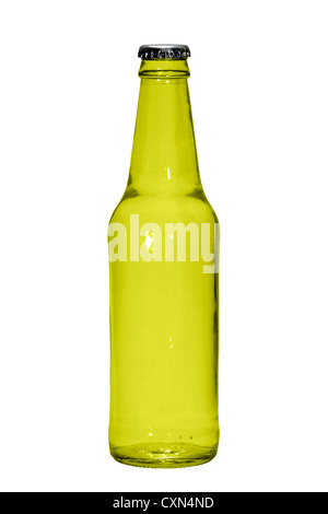 Cut Out. Yellow glass bottle with silver bottlecap on white background Stock Photo