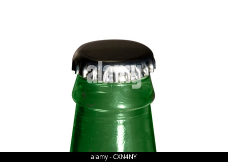 Cut Out. Green glass bottle with a silver bottle cap on white background Stock Photo