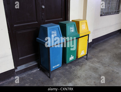 It's a photo of 3 recycle bins side by side. One for paper, One for Plastic and one for Glass. One for organic beside Stock Photo