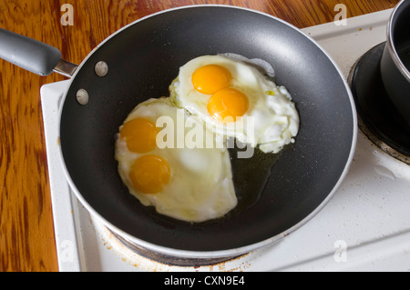 Keeping hens at home - UK. Frying two double-yolked eggs. Stock Photo
