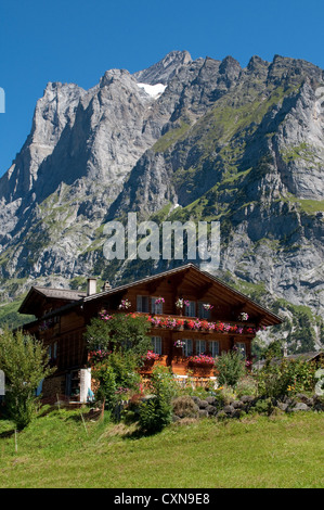 alpine chalet and mountains Grindelwald Canton of Bern Switzerland Stock Photo
