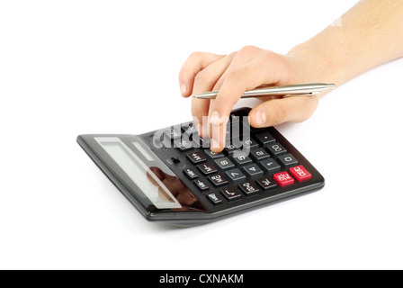 calculator with hand isolated on white Stock Photo