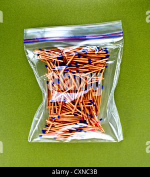 Matches In Plastic Bag On Green Background Stock Photo