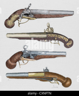 Ancient weapons. 18th century. From top to bottom: Catalan pistol, Arab pistol, Catalan pistol and French pistol. Colored. Stock Photo