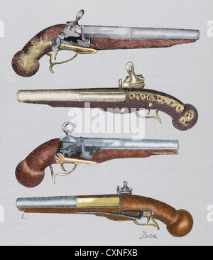 Ancient weapons. 18th century. From top to bottom: Catalan pistol, Arab pistol, Catalan pistol and French pistol. Colored. Stock Photo