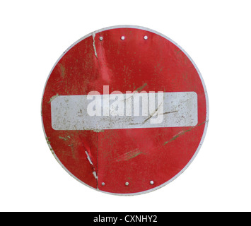 Old faded round red road sign 'No entry' with rusty strip Stock Photo ...