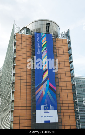 Banner hanging on the Berlaymont building in Brussels, Belgium. This building is the headquarters of the European Commission. Th
