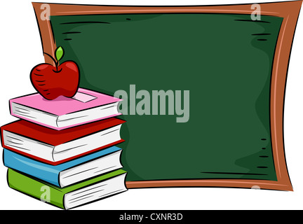 Illustration of an Apple Resting on a Pile of Books Placed Near a Blackboard