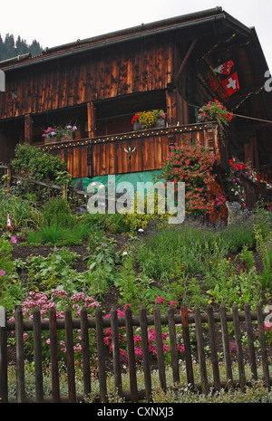 Old style traditional chalet house with organic garden in Murren Stock Photo