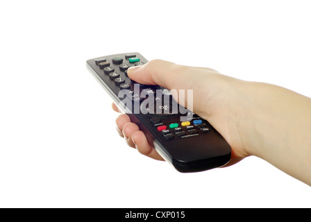 remote control in hand isolated on white background Stock Photo