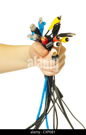 Computer cables in hand isolated on white background Stock Photo