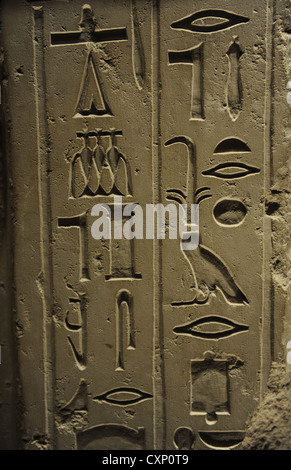 Egyptian Art. False-door of the Official Dedu-hekenu. From Sakkara. Limestone. 6th Dynasty. Old Kingdom. Hierogliphs. Stock Photo