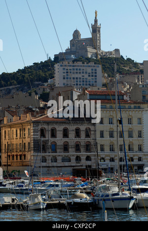 Panoramic View, Quai Rive Neuve, Vieux Port, Church Notre Dame de la Garde, from Quai du Port, Marseille, Provence, France Stock Photo