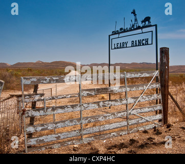 Wrought iron sign at road to ranch in Chihuahuan Desert near Marathon, Texas, USA Stock Photo