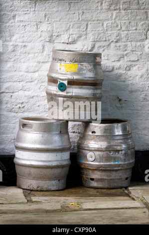 three metal beer barrels stacked Stock Photo